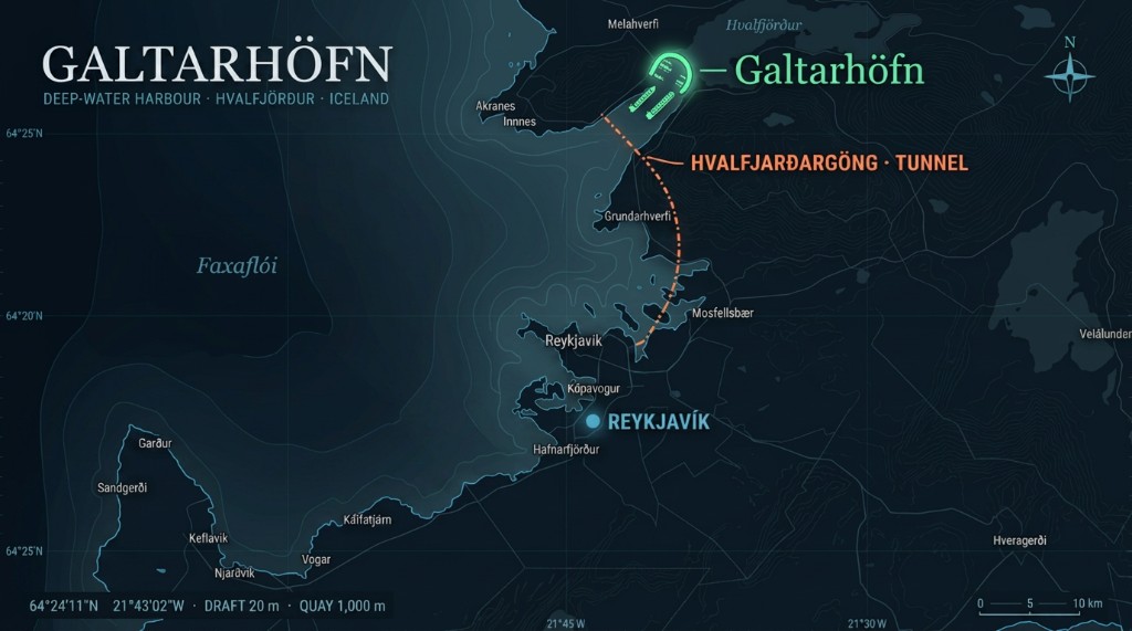 Topographic map of southwest Iceland — Galtarhöfn on the north shore of Hvalfjörður, the Hvalfjarðargöng tunnel, Reykjavík metro area, Akranes, Mosfellsbær and the Reykjanes peninsula.