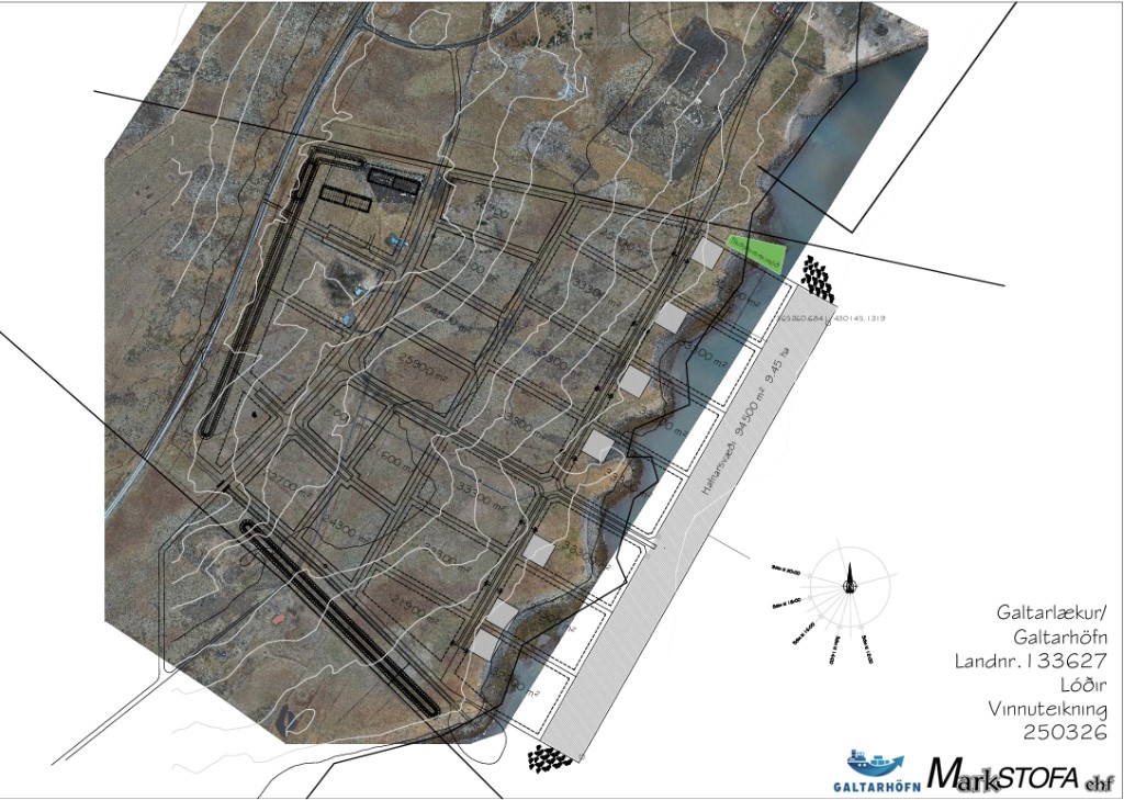 Same master site plan overlaid on aerial satellite imagery of the Galtarhöfn site